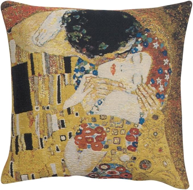 C Charlotte Home Furnishings Inc Kiss II Belgian Cushion Cover | Pure Cotton Decorative Cushion Case | Cushion Cover for Indoor Use | 17x17 Inch Cushion Cover for Living Room I by Gustav Klimt-Ruum Studio Home