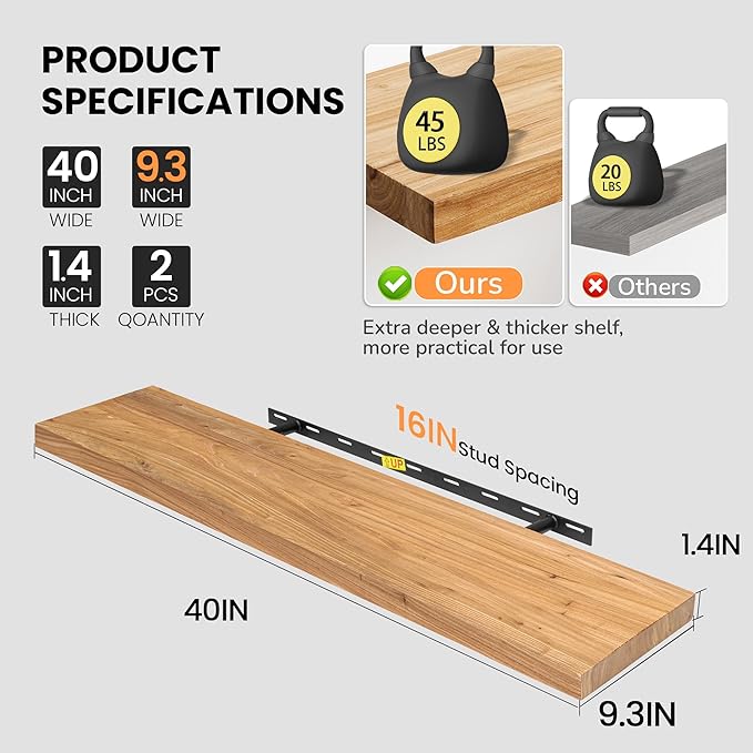 Floating Shelves for Wall, 40"W x 9.3"D x 1.5"H Rustic Solid Elm Wood Wall Shelves, Set of 2 with Invisible Heavy-Duty Metal Bracket, Deep Floating Shelf for Living Room Kitchen, Natural Finish-Ruum Studio Home