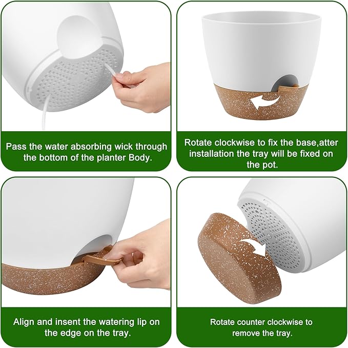 Plant Pots 10/9/8 Inch Self Watering Pots, Set of 3 Plastic Planters with Drainage Holes and Saucers,Plastic Flower Pots,Nursery Planting Pot for Indoor Out Door Plants（White）-Ruum Studio Home