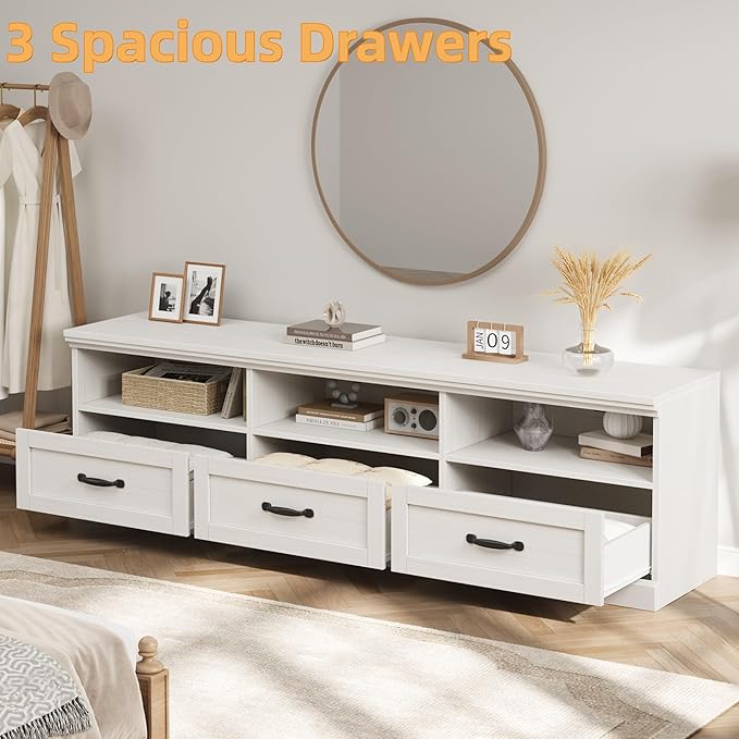 IDEALHOUSE 70in TV Stand for TVs up to 80", Mid Century Modern Entertainment Center with Storage Drawer and Open Shelves, TV Console Media Cabinet for Living Room, Bedroom, Antique White-Ruum Studio Home