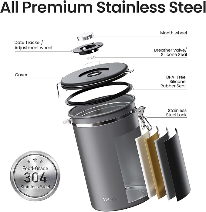 Veken Coffee Canister, 39OZ Large, Airtight Stainless Steel Food Storage Container for 2.2lbs Coffee Beans, Ground, Sugar, Tea, Flour, Rice, Cereal, Cookies Jars, Bar Accessories & Gifts, Gray-Ruum Studio Home