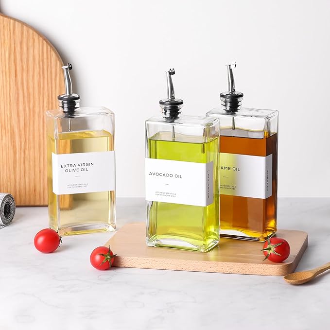 Olive Oil Dispenser Bottle for Kitchen, 3 Pack Glass Oil and Vinegar Dispenser Set, Elegant Book Design, Durable, Leak-Proof, Easy-Pour Spouts, Perfect for Kitchen, Dining Table (17oz)-Ruum Studio Home