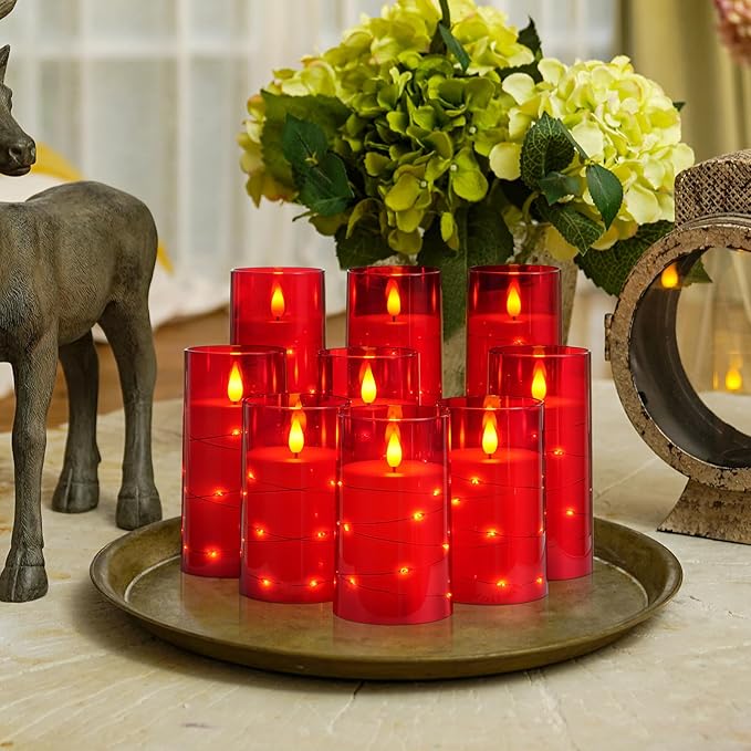 Homemory 9 Pcs Flameless Candles with Embedded Star String Fairy Lights, Battery Operated Candles, LED Candle, Fake Candles with Remote Control and Timer (Red)-Ruum Studio Home