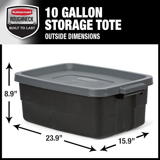 Rubbermaid Roughneck Tote 10 Gal, 6 Pack, Made in USA, Black & Gray, Rugged Plastic Stackable Storage Bins with Lids and Handles-Ruum Studio Home