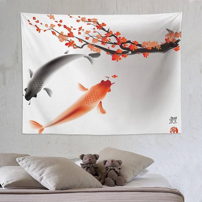 Houselerax Japanese Koi Fish Tapestry, Cherry Blossoms Asian Oriental Flower Branch Koi Fish Carp Tapestries Wall Hanging for Bedroom Living Room Office Decor 80"x60"-Ruum Studio Home