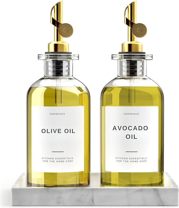 Olive Oil Dispenser For Kitchen With Silicone Tray & 40 Labels, Soy Sauce Dispenser, Coffee Syrup Dispenser, Olive Oil Bottles Set Of 2, Gold 500ml / 17oz-Ruum Studio Home