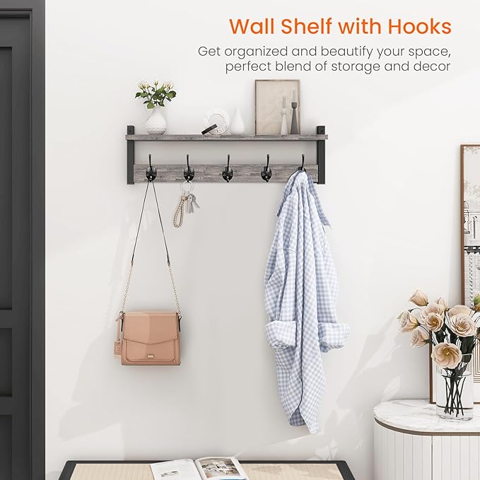 Homode Wall Hooks With Shelf, 24 Inch Coat Rack Wall Mount for Entryway, Clothes, Backpack, Key, Purse - Floating Shelf Hanging in Bathroom, Bedroom, Hallway, Rustic Grey-Ruum Studio Home