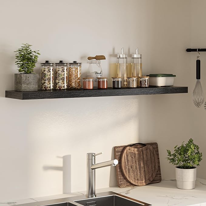 Floating Shelves for Wall, 55"W x 9.3"D x 1.5"H, Long Wooden Wall Mounted Display Shelves with Invisible Brackets for Living Room, Bedroom, Bathroom, Kitchen Decor and Storage, Set of 1, Black-Ruum Studio Home