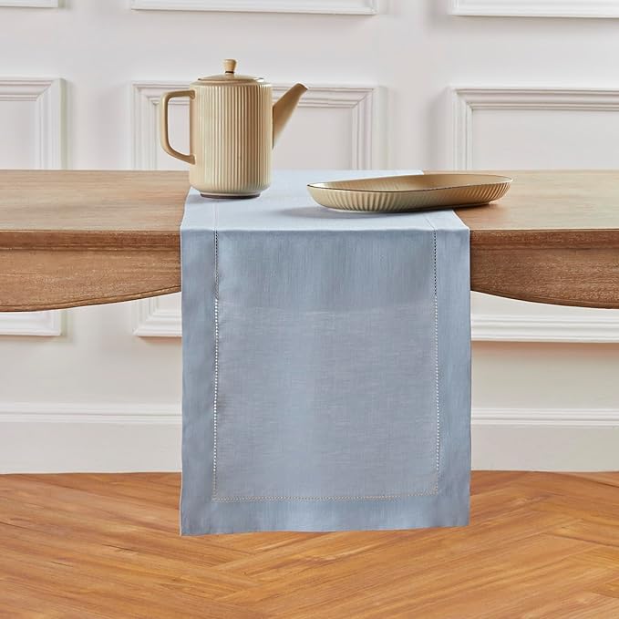 Solino Home Linen Dusty Blue Table Runner 72 Inches Long - 100% Pure Linen Hemstitch Table Runner 14 x 72 Inch for Dresser, Dining, Fall, Autumn, Halloween, Thanksgiving - Classic Hemstitch-Ruum Studio Home