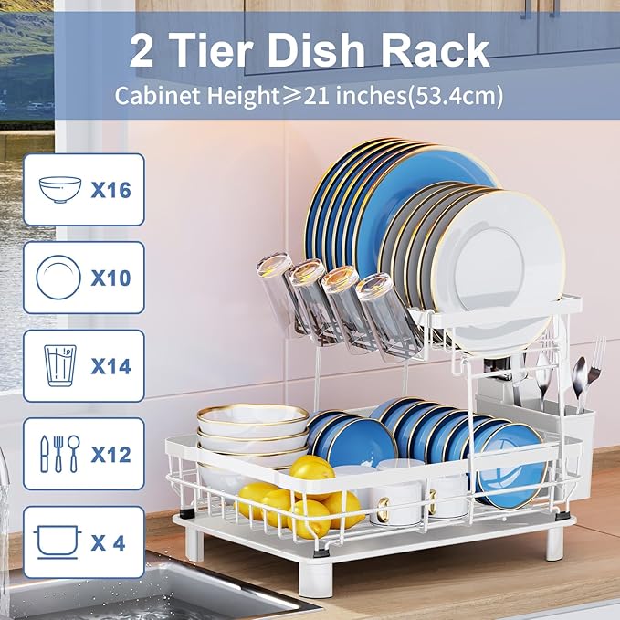 MOUKABAL Dish Drying Rack, 2 Tier Dish Rack, Large Dish Racks for Kitchen Counter, Dish Drainer with Removable Utensil Holder, Drainboard (White)-Ruum Studio Home