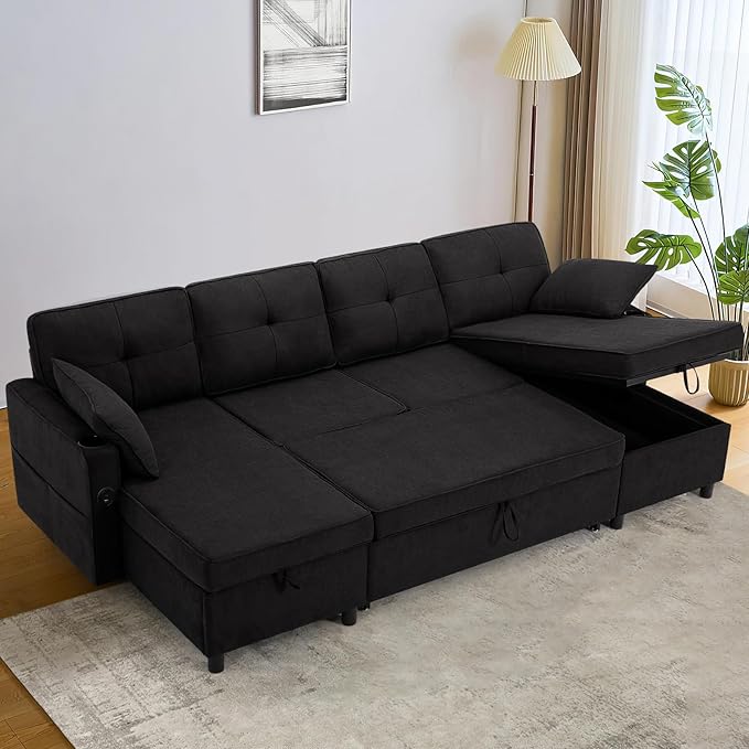 110 Inches Chenille Sectional Sofa w/Pull Out Sofa Bed & Adjustable Back, Tufted U Shaped Couch w/Two Storage Chaises, Sleeper Sectional Sofa w/USB Port & Cup Holders for Living Room, Black-Ruum Studio Home