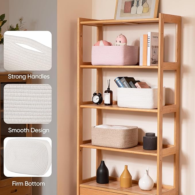 OIAHOMY 4 Pack 14.17*11.02*6.3IN Storage Baskets for Organizing Shelves, Woven Rope Baskets for Organizing Books, Clothes, Decorative Basket for Living Room, Nursery, Bedroom, Gift Basket, White-Ruum Studio Home