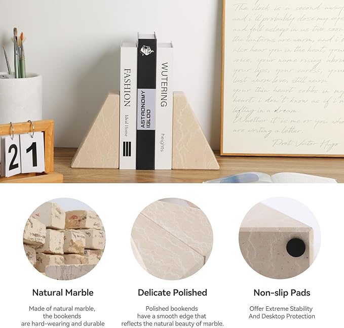 Marble Bookends for Heavy Books, Decorative Book Ends for Shelves, Durable and Heavy-Duty Stone Bookends for Hardback Book & CDS, Unique Book Stopper & Holder, New Jura Beige-Vein, Set of 2-Ruum Studio Home