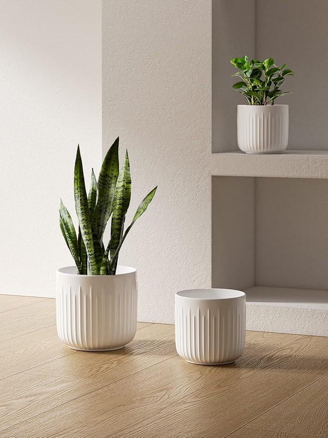 LE TAUCI Fluted Ceramic Planters Set of 3 – 8.3/7 / 5.7 in White Cylinder Indoor Plant Pots with Drainage Plug & Mesh, Matte Glazed Stoneware Flower Pots for Succulent Herb Cactus-Ruum Studio Home