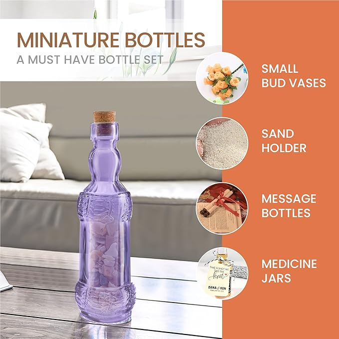 Small Mini Purple Vintage Glass Bottles with Corks, Mini Vases, Decorative Glass Bottle, Potion Bottles, Assorted Design Set of 12 pcs, 4.6 Inch Tall (11.43cm), 1.4 Inch Wide (3.56cm)-Ruum Studio Home