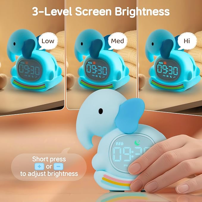 Alarm Clock for Kids with Night Light, Sleep Training Clock Time to Wake Clock, Rechargeable Silicone Light for Bedroom, Perfect Sleep Companion for Boys Girls，Blue Elephant-Ruum Studio Home