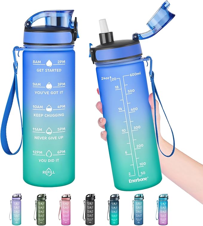 Enerbone Water Bottle, Leakproof BPA & Toxic Free, Motivational Water Bottle with Times to Drink and Straw, Fitness Sports Water Bottle with Strap for Office, Gym, Outdoor Sports-Ruum Studio Home