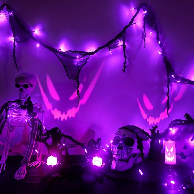 Halloween Horror Atmosphere Lights, Orange&Purple LED String Lights with 9.9FT Creepy Black Gauze, Battery Powered with Timer & 8 Flashing Modes (Purple)-Ruum Studio Home