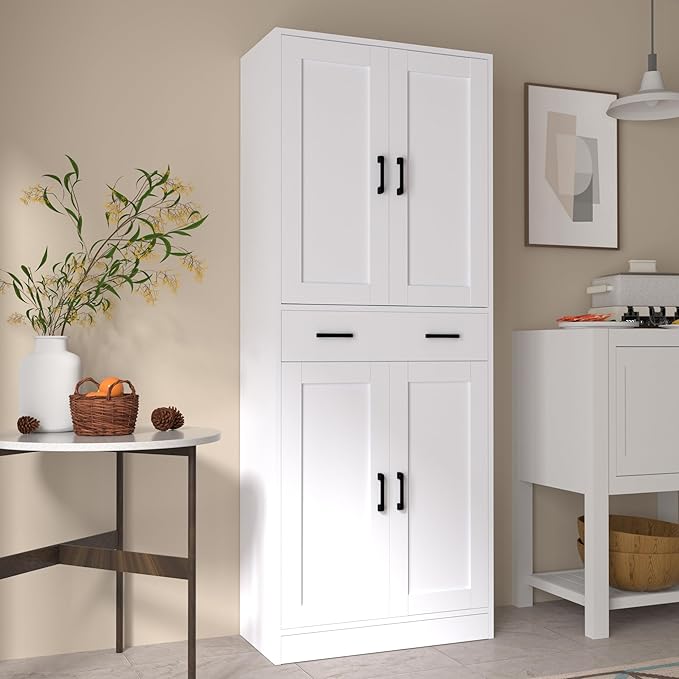 White Kitchen Pantry, 71" Tall Storage Cabinet with Doors and Drawer for Kitchen, Hallway, Office-Ruum Studio Home
