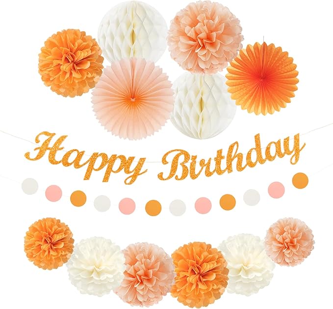 Orange Hippie Birthday Party-Decorations Paper-Flowers - 14pcs Happy Banner Fall Honeycomb Tissue Pom Poms,Boho Streamers Garland Fans,Sweet Peach Groovy Sunset Groovy Hanging Supplies Decor Hugfond-Ruum Studio Home