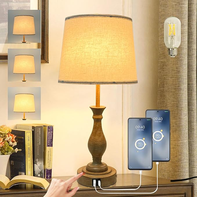 Farmhouse Table Lamp Touch Control 3-Way Dimmable Table Lamp, Modern Nightstand Lamp with 2 USB Port Bedside Desk Lamp with Fabric Shade for Living Room (Pack 1-Beige Shade & Touch)-Ruum Studio Home