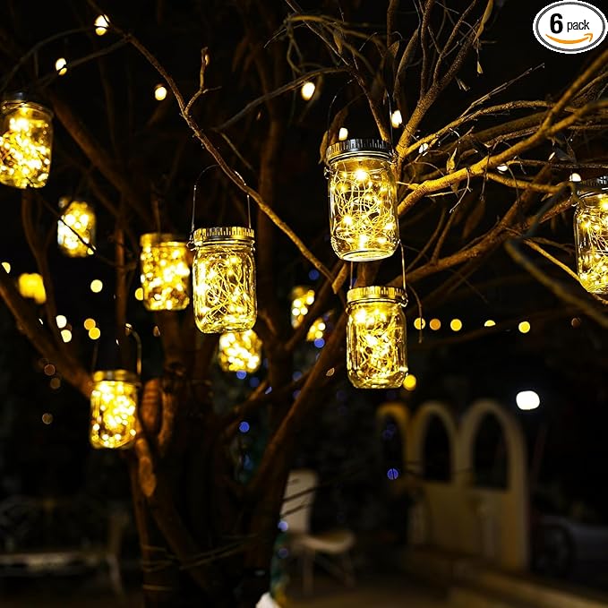 Cooo 6 Pack Solar Lanterns Outdoor Waterproof Upgraded Crystal Glass Solar Mason Jar Lights 30 LED 215% Larger SolarPanel, Anti-Rust Lid Hanging Outdoor Lanterns for Patio Garden Porch-Ruum Studio Home