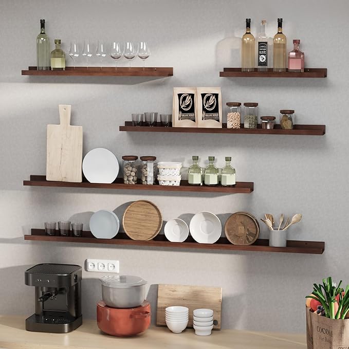 SAUMONIERES Picture Ledge Shelf Floating Book Shelves Set of 2 Wall Mounted Solid Wood for Bedroom Bathroom Living Room Kitchen, 72 Inch Walnut-Ruum Studio Home