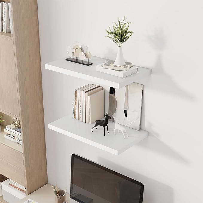 24" Floating Shelves for Wall, 12" Deep Slim White Floating Shelves, Wall-Mounted Shelves for Bedroom, Living Room, Kitchen, Bathroom - Set of 2-Ruum Studio Home