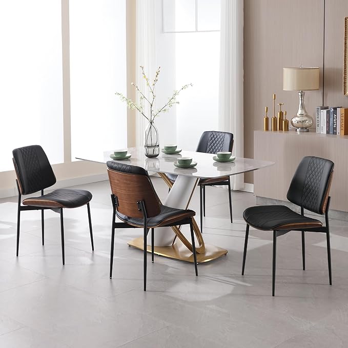 BV Dining Chairs Set of 4, PU Leather Armless Kitchen Chair in Modern Walnut Style, Mid Century Bentwood Side Chair with Metal Legs, Retro Accent Guest Chair for Kitchen Dining Room(Black)-Ruum Studio Home
