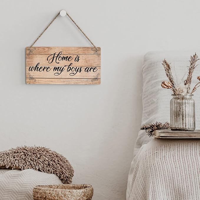 SENJIAN Rustic Family Quote Wood Decor Sign, Home is Where My Boys are Printed Wood Sign Wall Art, Hanging Door Sign, Decorative Wood Sign Home Decor 6" x 12"-Ruum Studio Home