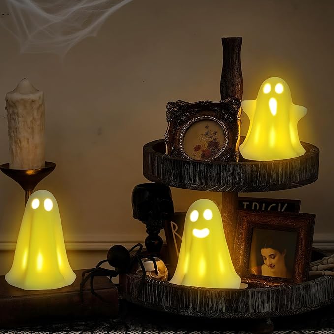 [Timer] Light Up Ghost Halloween Decor, 3 Pcs Ceramic Halloween Ghost Decorations Indoor, Cute White Ghost Figurines Statue for Indoor Decor Home Table (A)-Ruum Studio Home