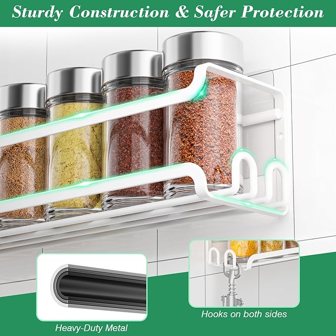 LUCYCAZ 8 Pack Wall Mounted Spice Rack with 16 Hooks, Spice Organizer Shelf for Stove Cabinet Pantry Door,Screw or Adhesive Spice Shelf Hanging Wall Spice Rack in Kitchen and RV (White, 8 PACK)-Ruum Studio Home