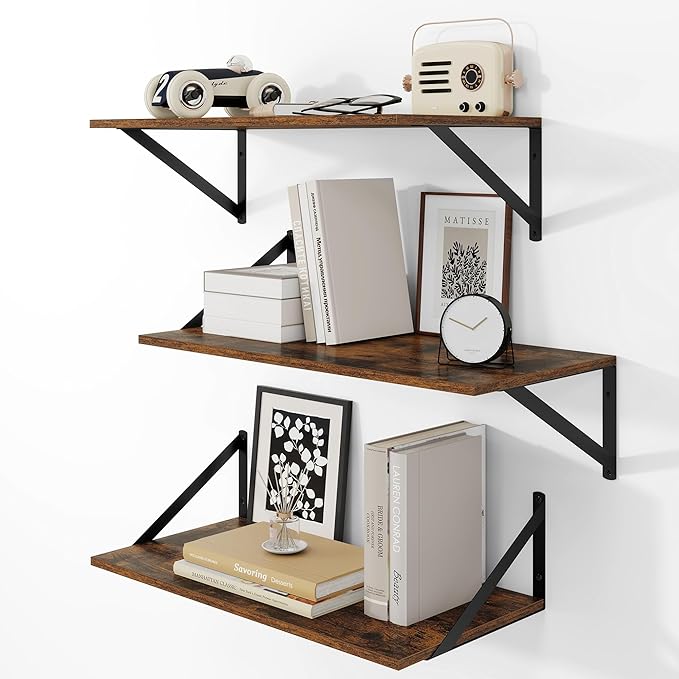Heimlove 24" W x 12" D Wall Shelves for Books, 12 Inch Deep Floating Shelves Set of 3, Wide Floating Bookshelf with Metal Bracket for Living Room, Kitchen, Office, Bedroom and Decor - Rustic Brown-Ruum Studio Home