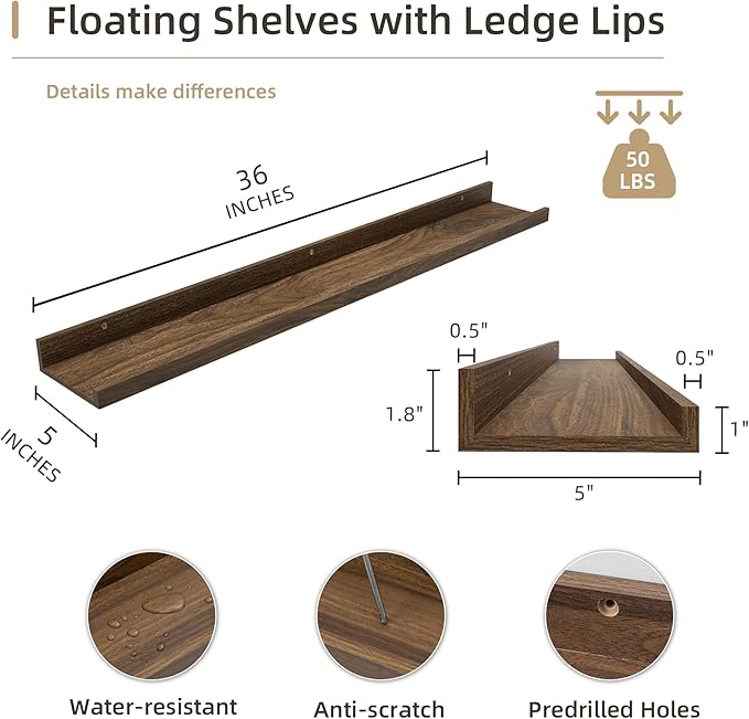 Picture Ledge Shelf, Wood Floating Shelves Set of 2, 36 inch Picture Ledge Shelves, Photo Ledge Nursery Book Shelves Wall Mounted for Living Room Kids' Room Bedroom, Color Walnut-Ruum Studio Home