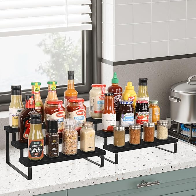 YINMIT Wooden Display Riser Stand, Tiered Perfume and Cologne Organizer Stand, 3 Tier Spice Rack Organizer, Rustic Display Shelf for Candles (3 Tier,2Pack,Black)-Ruum Studio Home