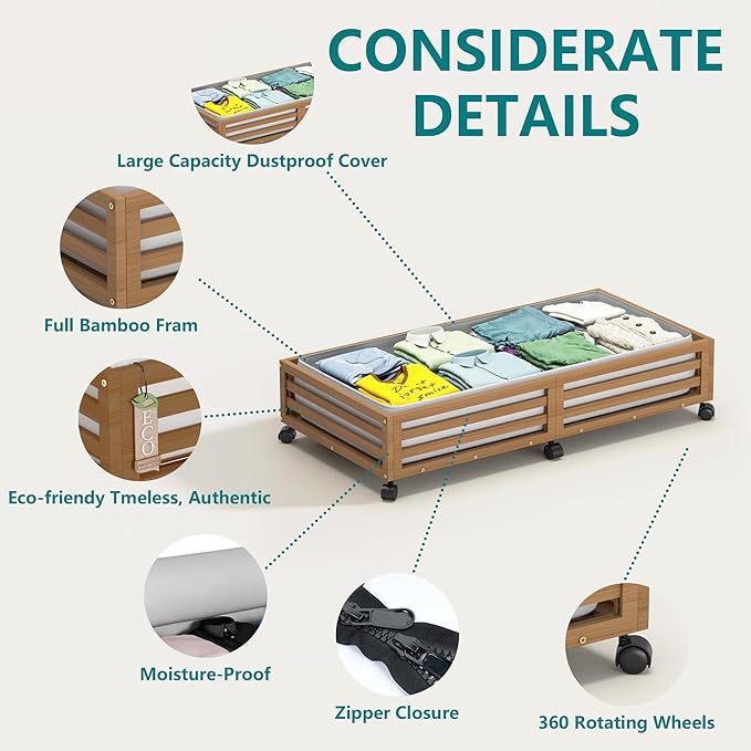 Bamboo Under Bed Storage Containers- Underbed Organizer with Wheels with Large Dust Bag,Sturdy Wood Rolling Under the Bed Shoe Storage Organizer Drawer 2 Packs (Walnut, Long)-Ruum Studio Home
