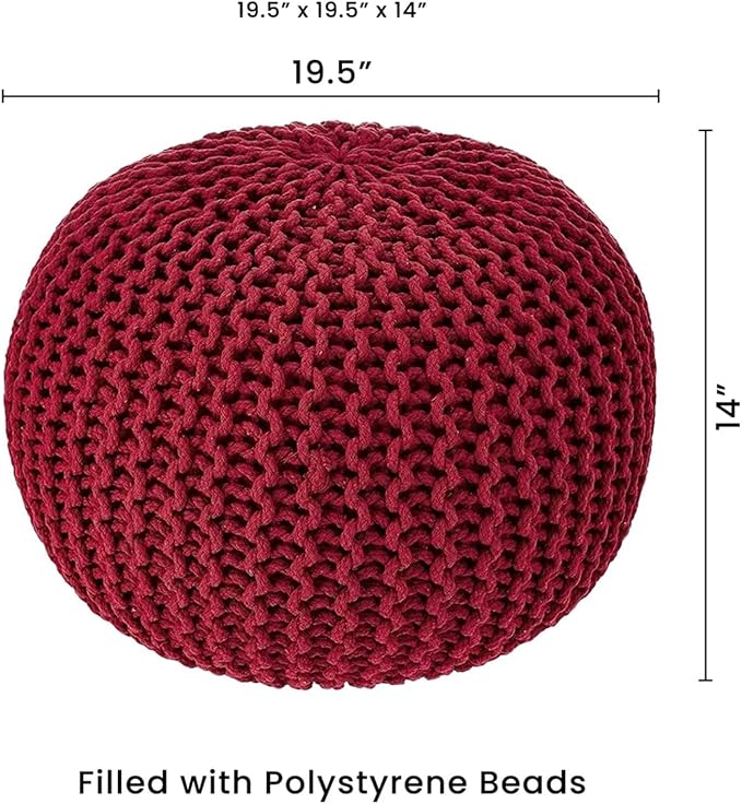 REDEARTH Round Pouf Ottoman - Hand Knitted Cable Boho Poof - Foot Stool Bean Bag - Home Décor Stuffed Footrest for Living Room - Nursery - Bedroom - 100% Cotton Poufs (19.5"x19.5"x14") - Red-Ruum Studio Home