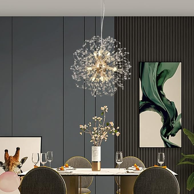 Modern Sputnik Chandeliers for Dining Room, Gold Dandelion Ceiling Hanging Lamp, Round Crystal Beaded Pendant Lights for Bedroom Living Room Farmhouse Kitchen Island (Gold 9Lights)-Ruum Studio Home