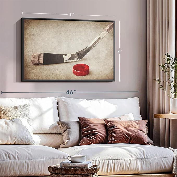 Elephant Stock Vintage Ice Hockey Wall Art - Horizontal Framed Canvas - 1-Piece Hallway Wall Decor - Photography Sports Canvas Print - Brown and Beige Decor for Wall - 31" X 21"-Ruum Studio Home