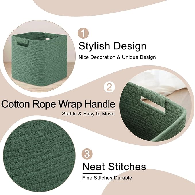 OIAHOMY Storage Cubes 11 Inch Storage Bins-3 Pack, Cotton Rope Woven Baskets for Organizing, Square Baskets for Shelves Organizer, Classroom, Toy Basket, Green-Ruum Studio Home