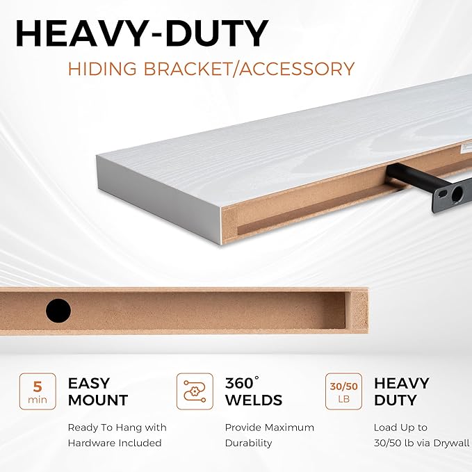 Fun Memories 32Inch Floating Shelves for Wall 2 Pack Wood Shelves for Kitchen, Bathroom, Bedroom Wall Mounted Rustic Wood Floating Shelf with Invisible Brackets for Books, Storage, Decor, White-Ruum Studio Home