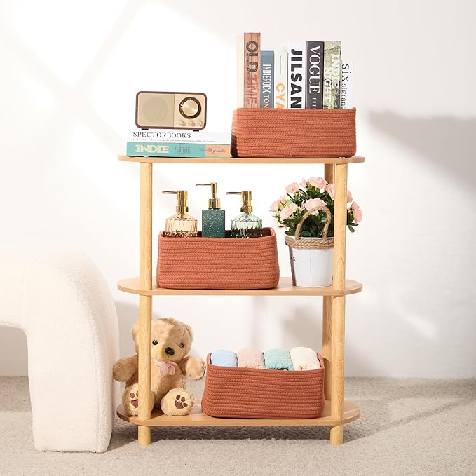 Small Storage Baskets for Organizing | Closet Organizer Bins | Shelf Toy Basket | Woven Rope Baskets | Cube Decorative Box | Shallow Basket | 11.5x7.5x4.7” | 4 Packs Oxide Red-Ruum Studio Home