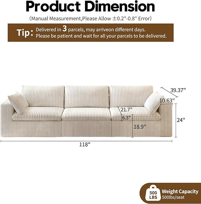 118" 3-Seater Cloud Sofa,Modular Sectional Couch,Modern Deep Seat Upholstered Couches with Plush Corduroy Fabric for Living Room Furniture,Bedroom and Apartment,No Assembly Required,White-Ruum Studio Home