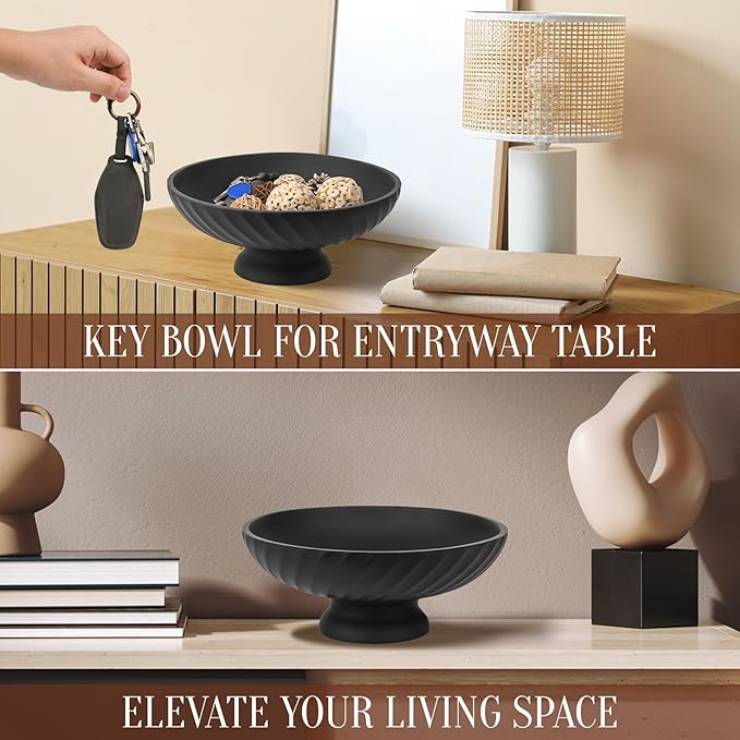 Large Resin Pedestal Decorative Bowl - Modern Fruit Bowl for Kitchen Counter - Handicraft Bowls for Home Decor - Key Bowl for Entry Table,Matte Black-Ruum Studio Home