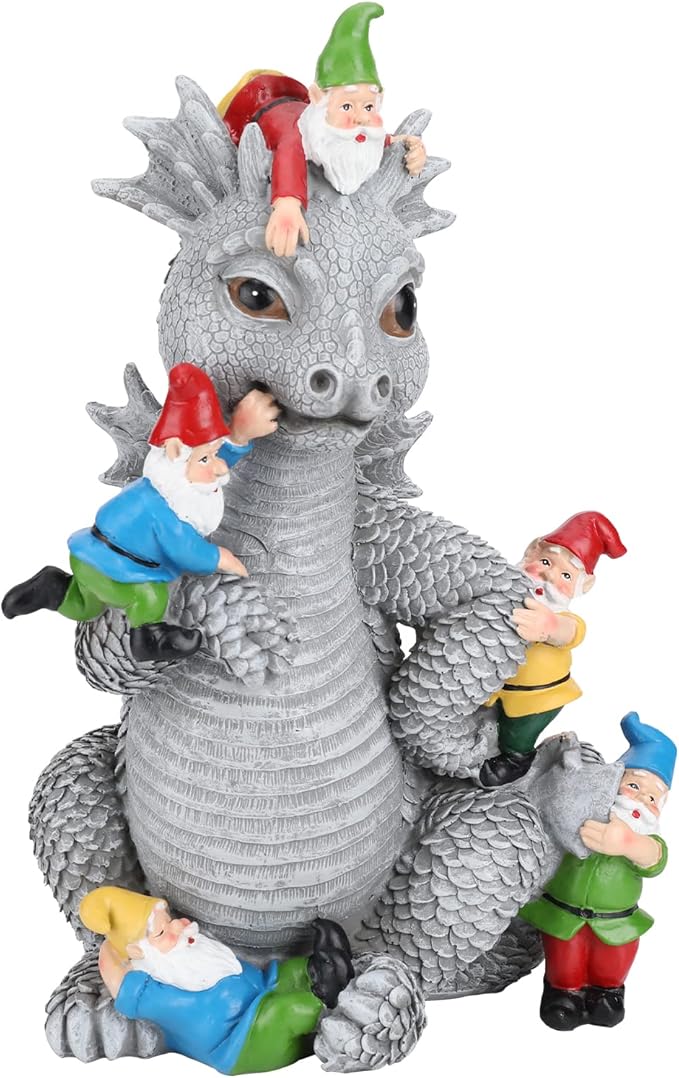 Dragon Gnome Statues Outdoor Decor, 13” Dinosaur Play with Gnomes Garden Statue, Outdoor Statue for All Season Lawn Decor, Garden Decoration, Gardening Gift-Ruum Studio Home