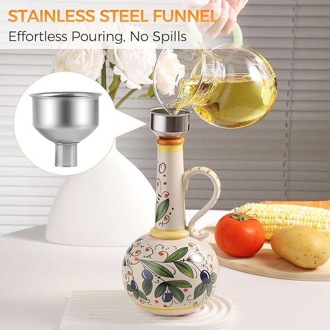 Ceramic Olive Oil Dispenser Bottle 23oz with Handles, Hand Painted Multi-Use Oil Cruet & Flower Vase, Decorative Stoneware Kitchen Cruet with Stainless Steel Spout for Oils, Sauces, Vinegar (A)-Ruum Studio Home