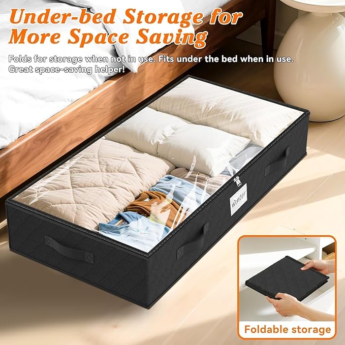 SpaceWhisper 90L Under Bed Storage Containers, 2-Pack Storage Bins with Clear Top, Foldable Closet Organizers and Storage with Label Holder for Clothing, Blankets, Comforter & Pillows(Black)-Ruum Studio Home