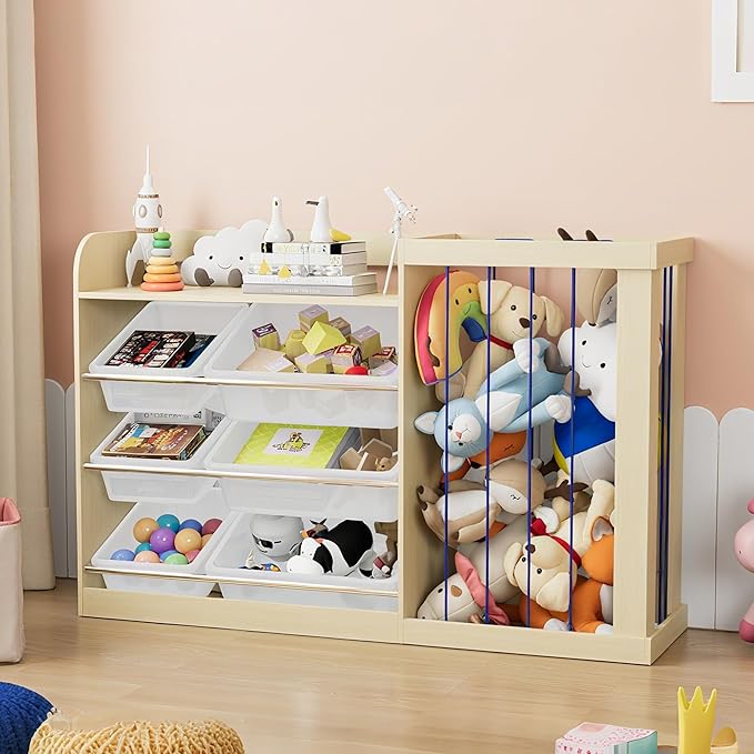 Kids Toy Storage Organizer with 6 Removable Plastic Bins Toddler Montessori Bookshelf with Stuffed Animal Net Holder Baby Bookcase Plush Organizer for Playroom,Bedroom,Kids Room,Classroom-Ruum Studio Home