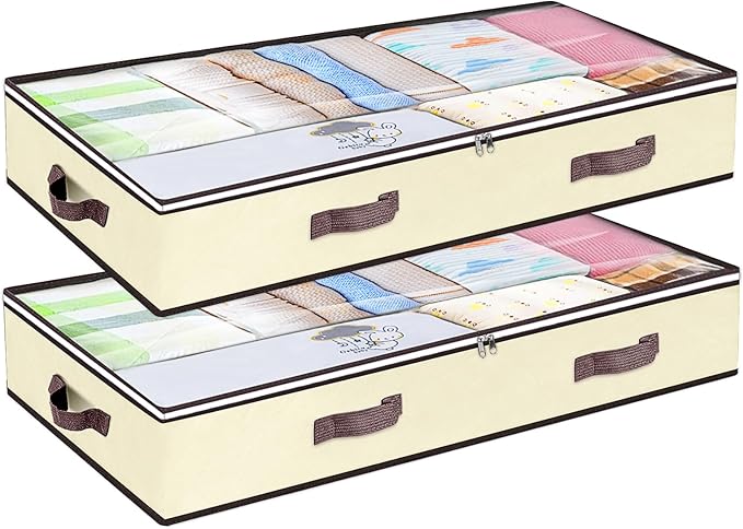 90L Under Bed Storage Containers, Underbed Toy Organizers and Clothing Storage Bags, Closet Storage Bins with Clear Window for Organizing Blanket Comforter Bedding Clothes Bedroom Dorm, 2 Pack Beige-Ruum Studio Home