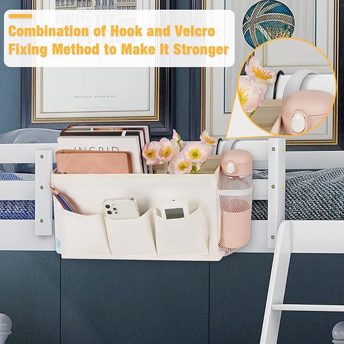Bedside Caddy Organizer with Fixed Straps and Water Bottle Holder for Home, College Dorm, Hospital, Crib and Bunk Bed (2pcs White)-Ruum Studio Home